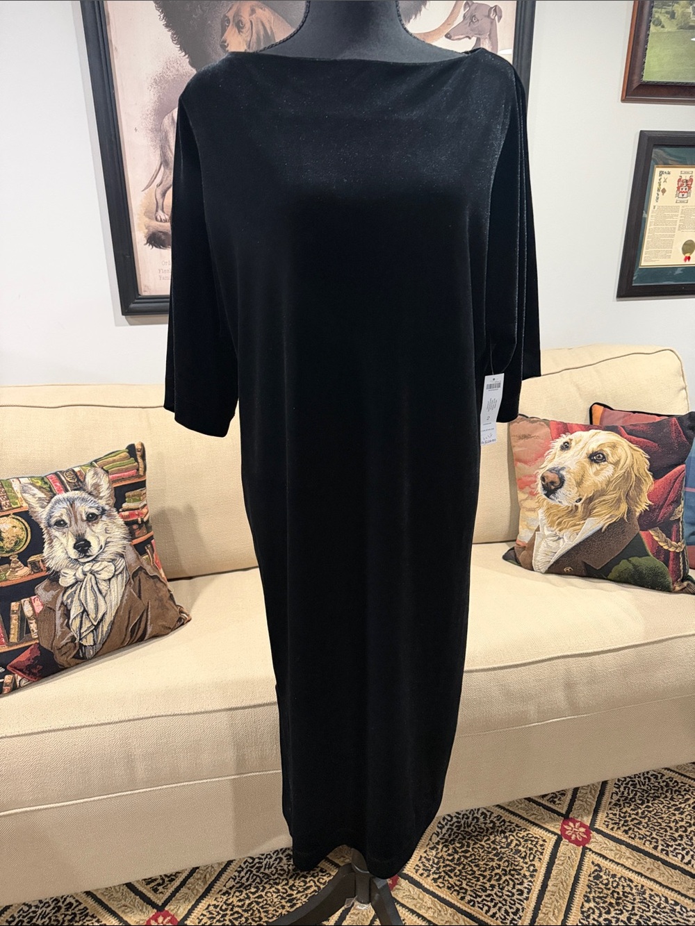 Chicos black stretch velvet dress 3/4 sleeve sheath midi dress Size 2 NWT